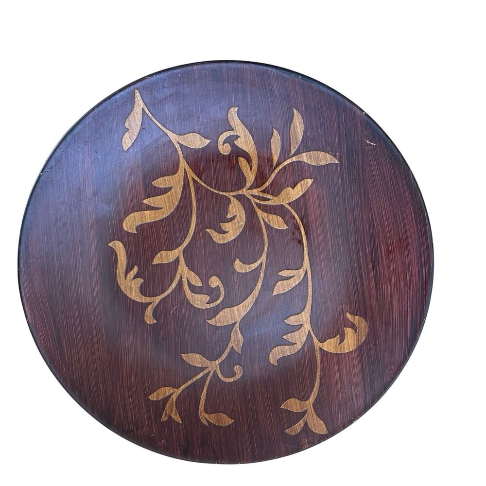 Elements Decorative Plate 15" Charger Faux Wood Inlay Round Dark Leaf Pattern